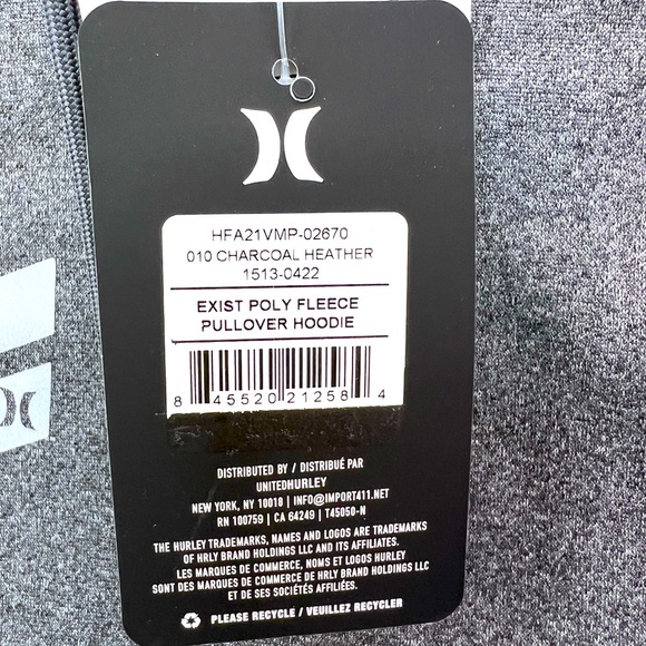 HURLEY POLY FLEECE PULLOVER WITH HOODIE, SIZE MEDIUM, CHARCOAL, WITH 2 POCKETS - Picture 12 of 14